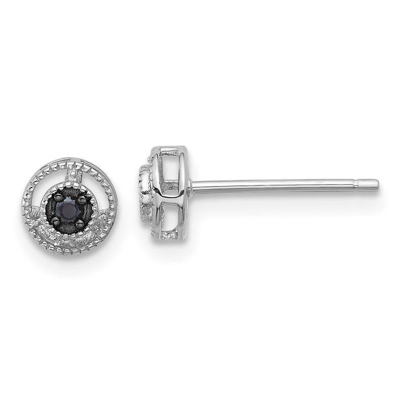 Sterling Silver Rhodium Plated Polished/beaded Black Spinel Circle Post Earrings