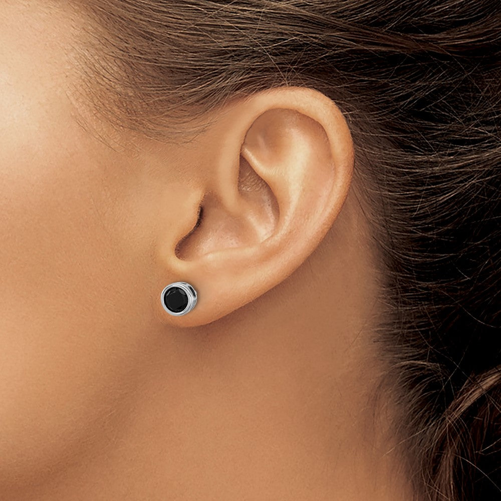 Sterling Silver Rhodium-Plated Polished Black Spinel Bezel Stud Earrings