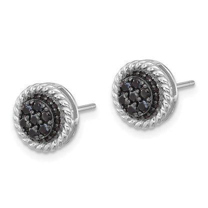Sterling Silver Rhodium Plated Polished/twisted Black Spinel Circle Post Earring