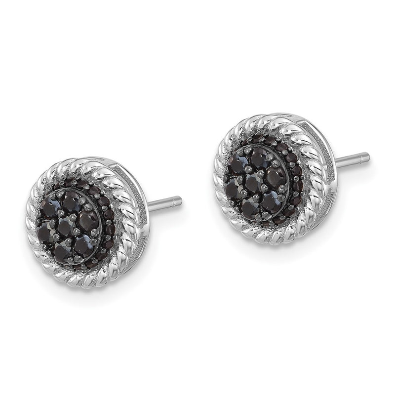 Sterling Silver Rhodium Plated Polished/twisted Black Spinel Circle Post Earring