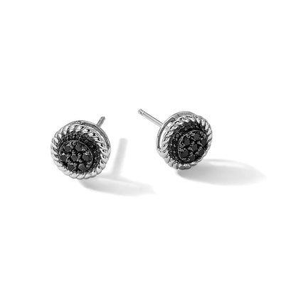 Sterling Silver Rhodium Plated Polished/twisted Black Spinel Circle Post Earring