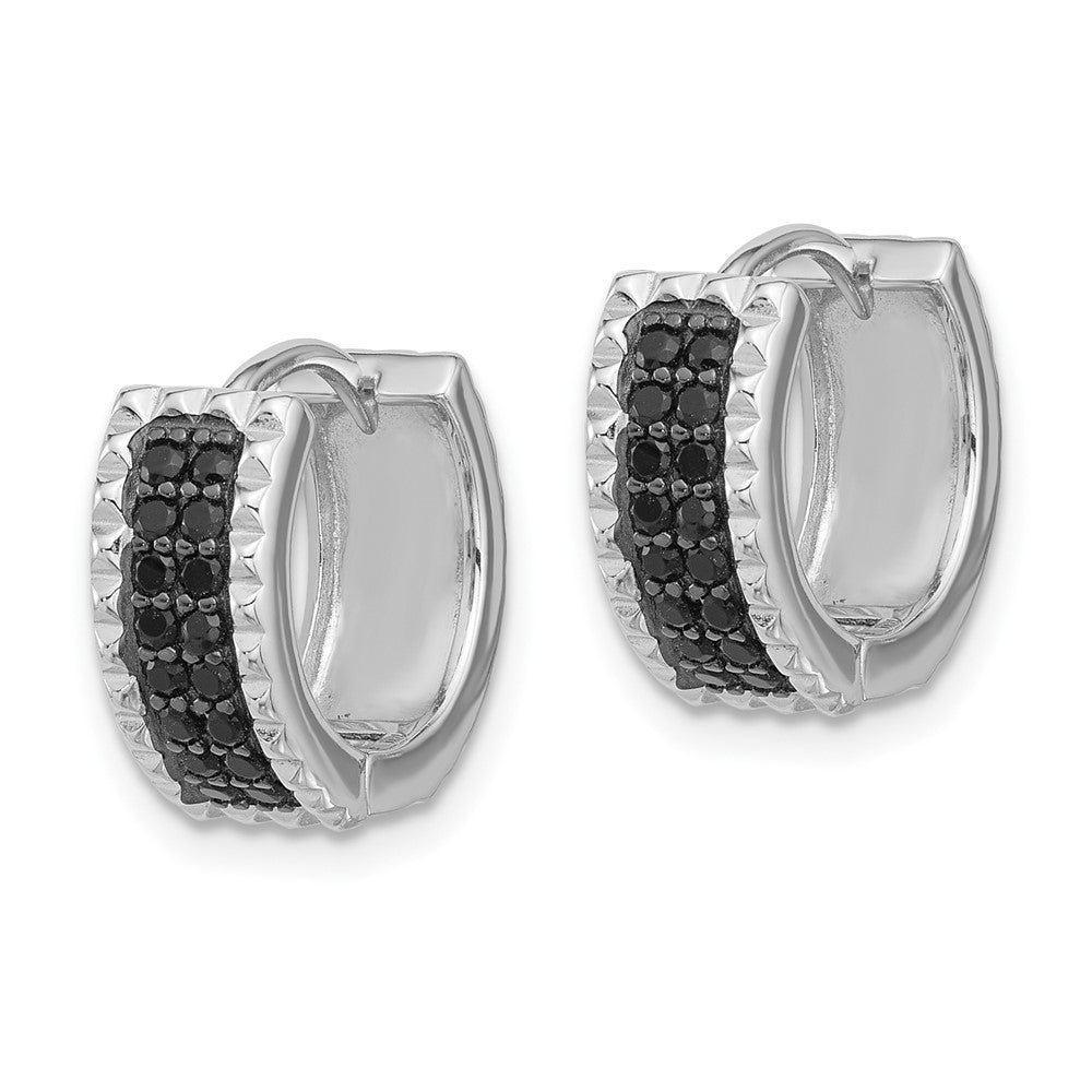 Sterling Silver Rh-Pltd Polished/studded Black Spinel Hinged Hoop Earrings