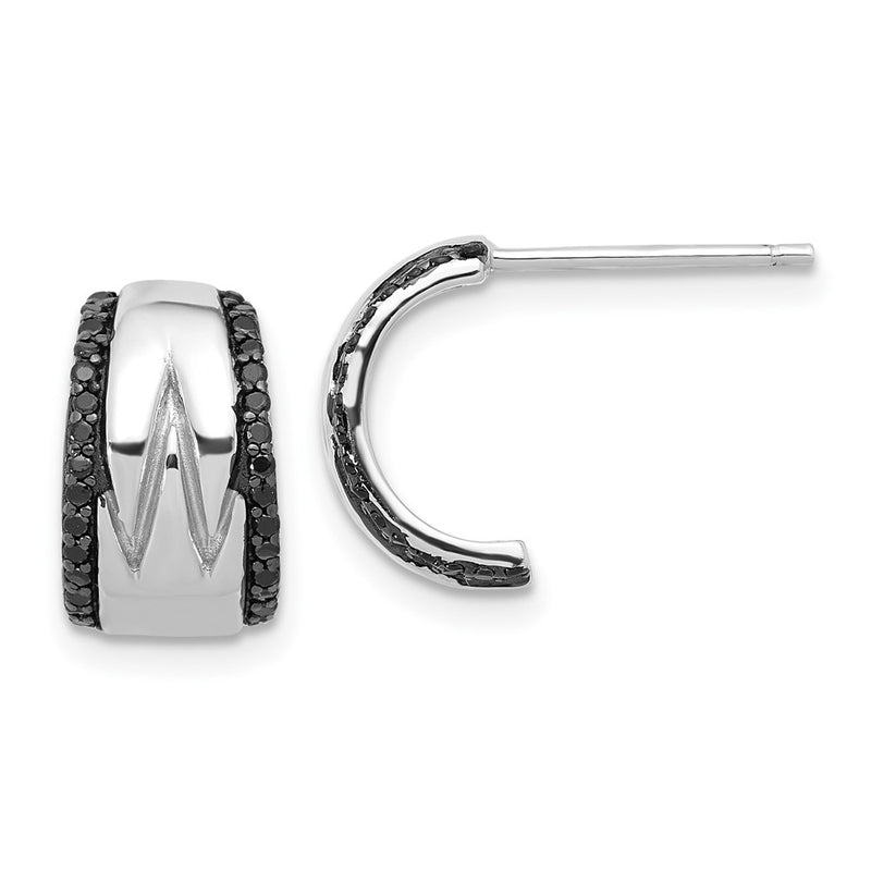 Sterling Silver Rhodium Plated Polished Black Spinel Post C-Hoop Earrings