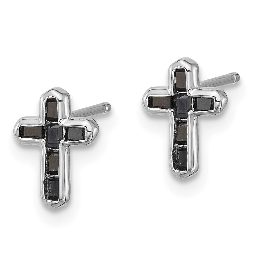 Sterling Silver Rhodium-Plated Polished Black Spinel Cross Post Earrings