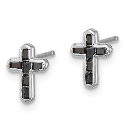 Sterling Silver Rhodium-Plated Polished Black Spinel Cross Post Earrings