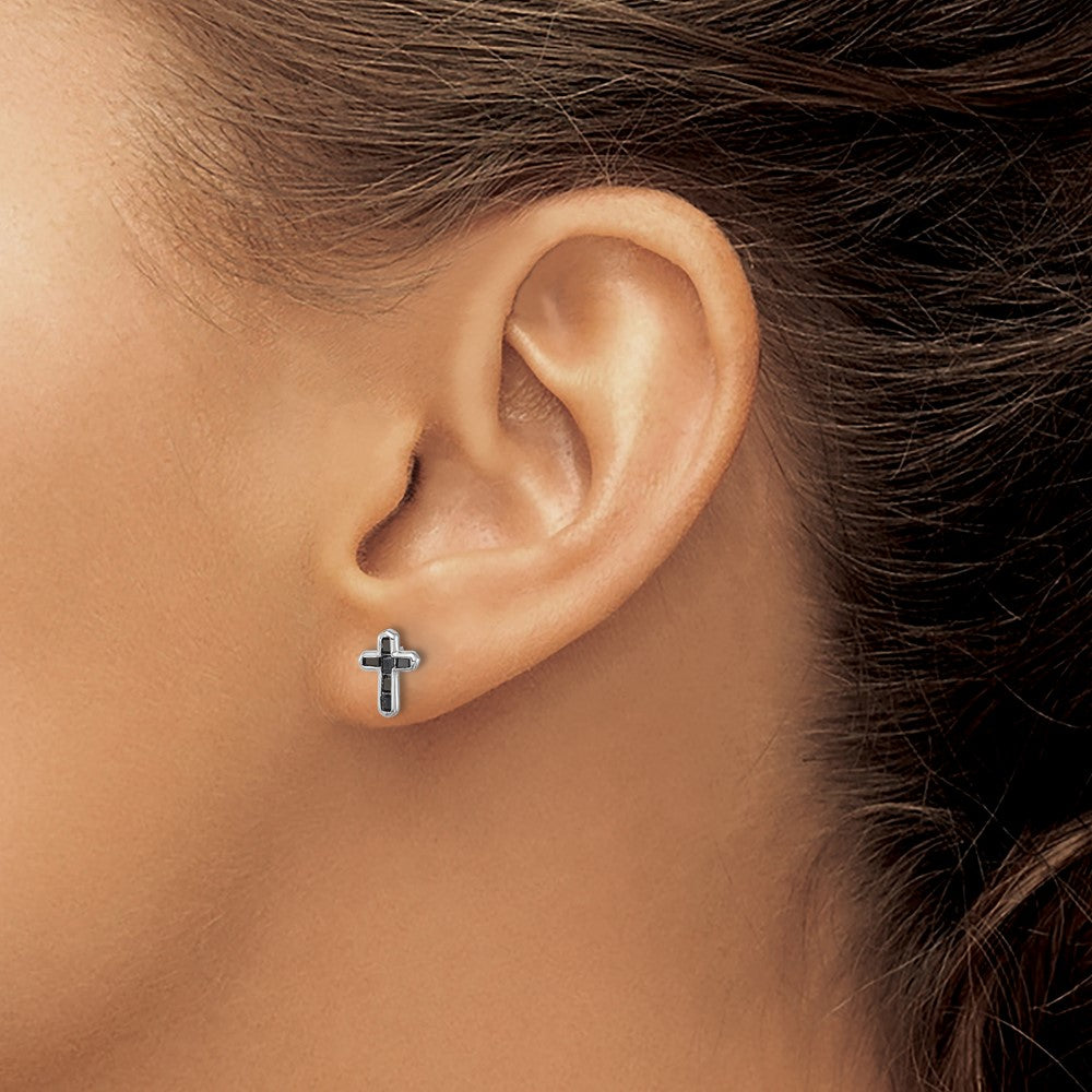 Sterling Silver Rhodium-Plated Polished Black Spinel Cross Post Earrings
