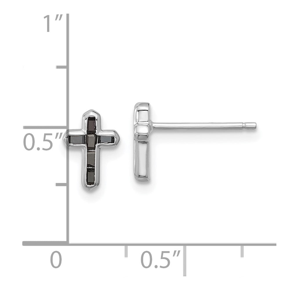 Sterling Silver Rhodium-Plated Polished Black Spinel Cross Post Earrings