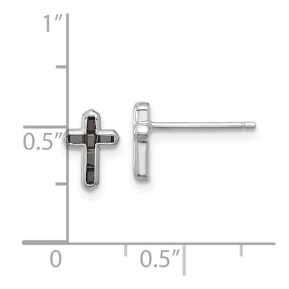 Sterling Silver Rhodium-Plated Polished Black Spinel Cross Post Earrings