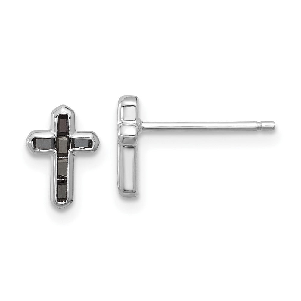 Sterling Silver Rhodium-Plated Polished Black Spinel Cross Post Earrings