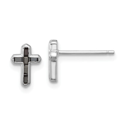 Sterling Silver Rhodium-Plated Polished Black Spinel Cross Post Earrings