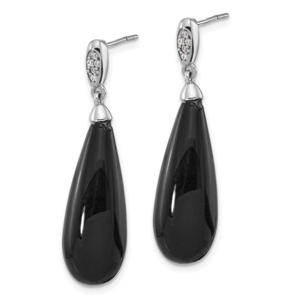 Sterling Silver Rhodium Plated Polished CZ & Onyx Teardrop Post Dangle Earrings