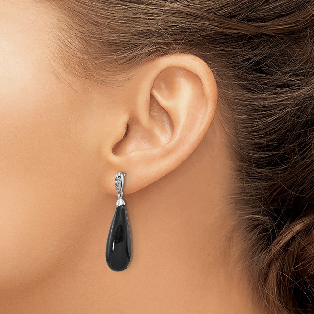 Sterling Silver Rhodium Plated Polished CZ & Onyx Teardrop Post Dangle Earrings