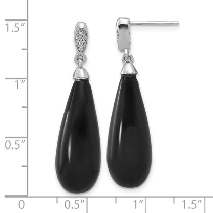 Sterling Silver Rhodium Plated Polished CZ & Onyx Teardrop Post Dangle Earrings