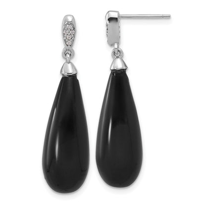 Sterling Silver Rhodium Plated Polished CZ & Onyx Teardrop Post Dangle Earrings