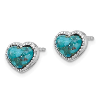 Sterling Silver Rh-Pltd Beaded Edge Recon. Turquoise Heart Post Earrings
