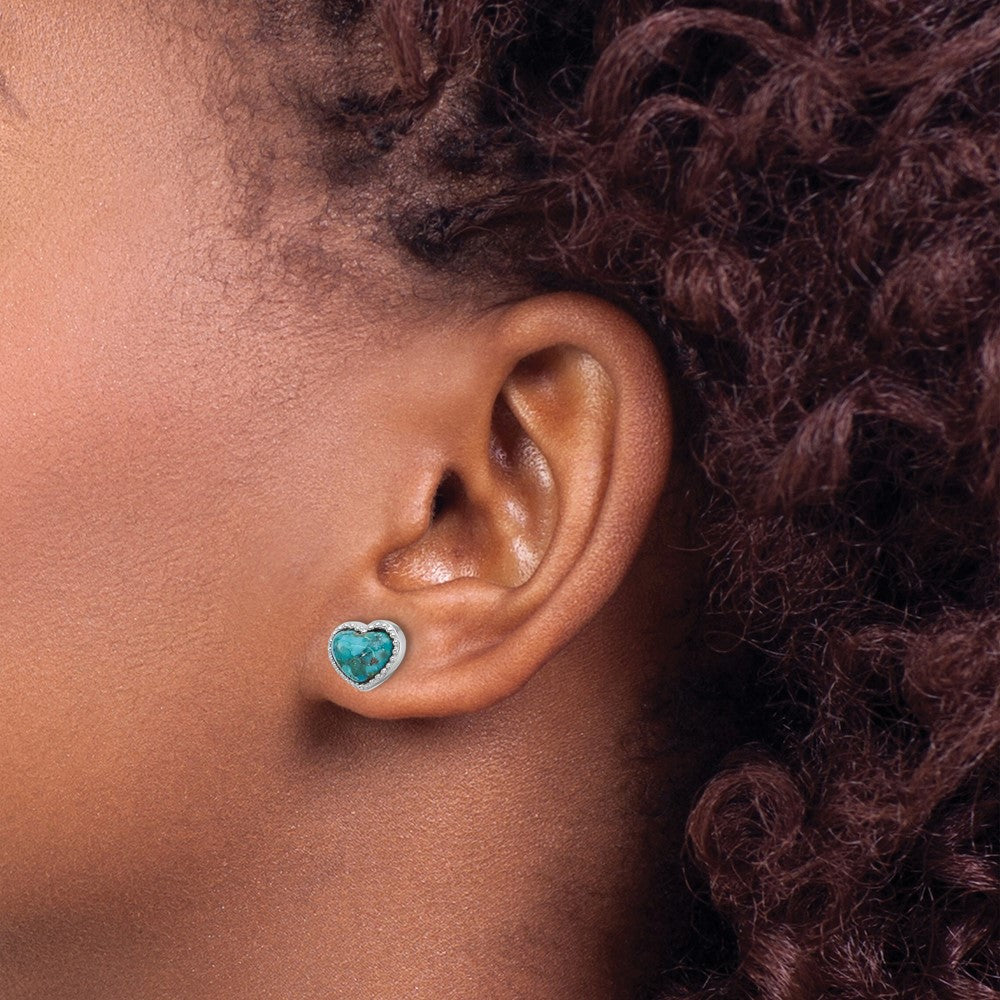 Sterling Silver Rh-Pltd Beaded Edge Recon. Turquoise Heart Post Earrings