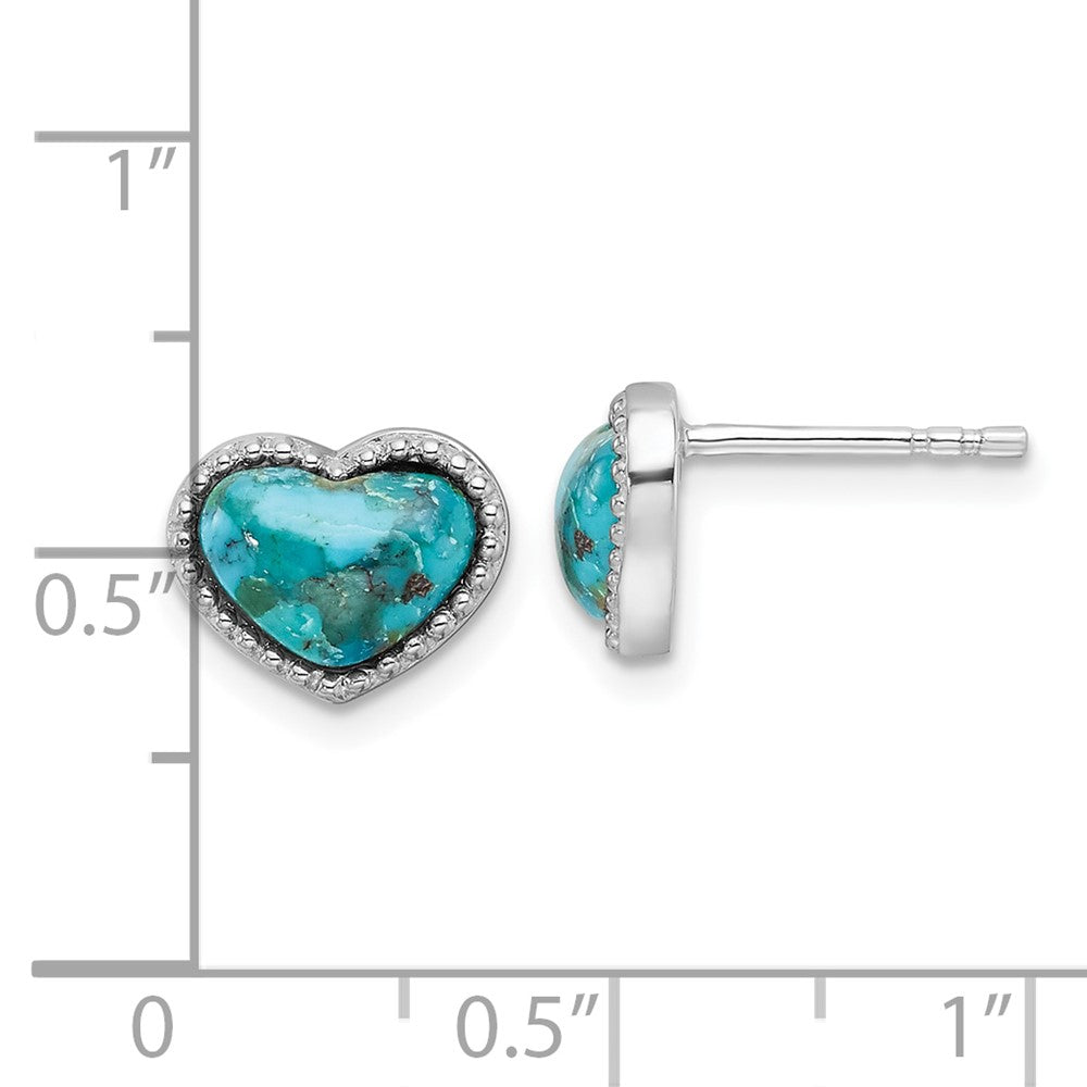 Sterling Silver Rh-Pltd Beaded Edge Recon. Turquoise Heart Post Earrings