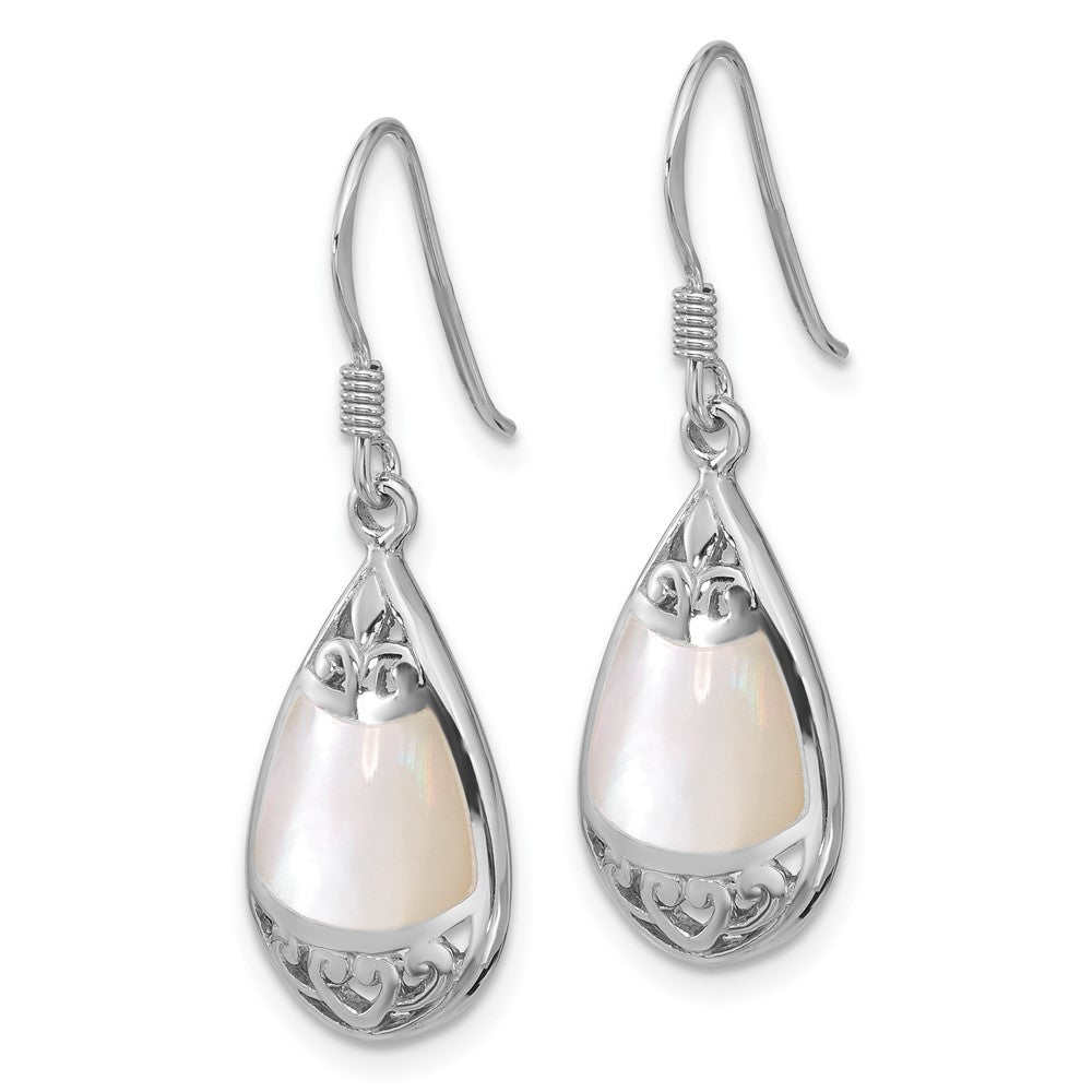 Sterling Silver Rhodium Plated Polished Mop Filigree Teardrop Dangle Earrings