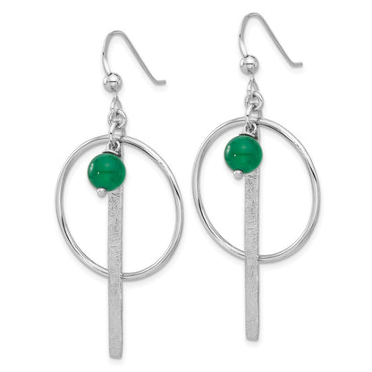 Sterling Silver Rhodium-Plated Circle/bar Green Onyx Dangle Earrings