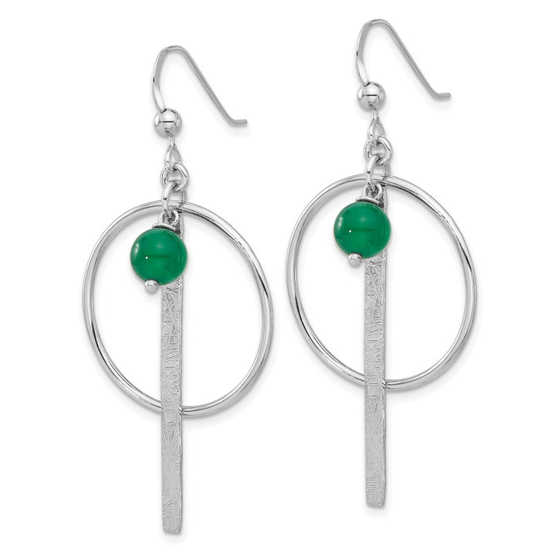 Sterling Silver Rhodium-Plated Circle/bar Green Onyx Dangle Earrings