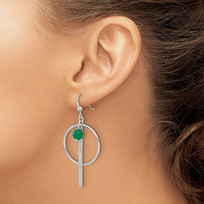 Sterling Silver Rhodium-Plated Circle/bar Green Onyx Dangle Earrings