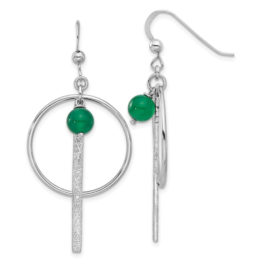 Sterling Silver Rhodium-Plated Circle/bar Green Onyx Dangle Earrings