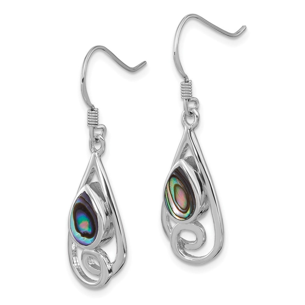 Sterling Silver Rhodium Plated Polished Abalone Swirl Teardrop Dangle Earrings