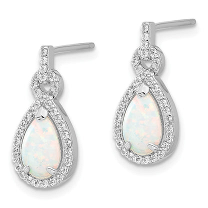 Sterling Silver Rhodium Plated Cr. Opal & CZ Teardrop Post Dangle Earrings