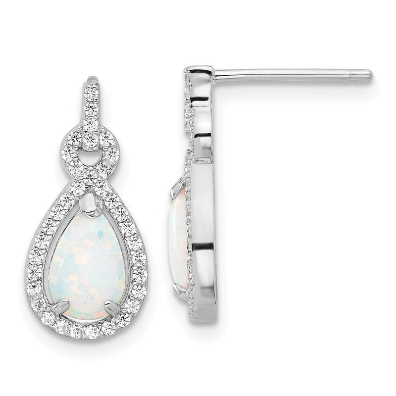 Sterling Silver Rhodium Plated Cr. Opal & CZ Teardrop Post Dangle Earrings