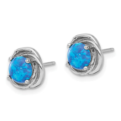 Sterling Silver Rhodium Plated Polished Blue Cr. Opal Swirl Circle Post Earrings
