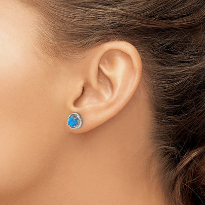 Sterling Silver Rhodium Plated Polished Blue Cr. Opal Swirl Circle Post Earrings