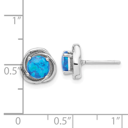 Sterling Silver Rhodium Plated Polished Blue Cr. Opal Swirl Circle Post Earrings