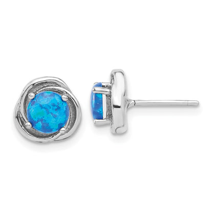 Sterling Silver Rhodium Plated Polished Blue Cr. Opal Swirl Circle Post Earrings