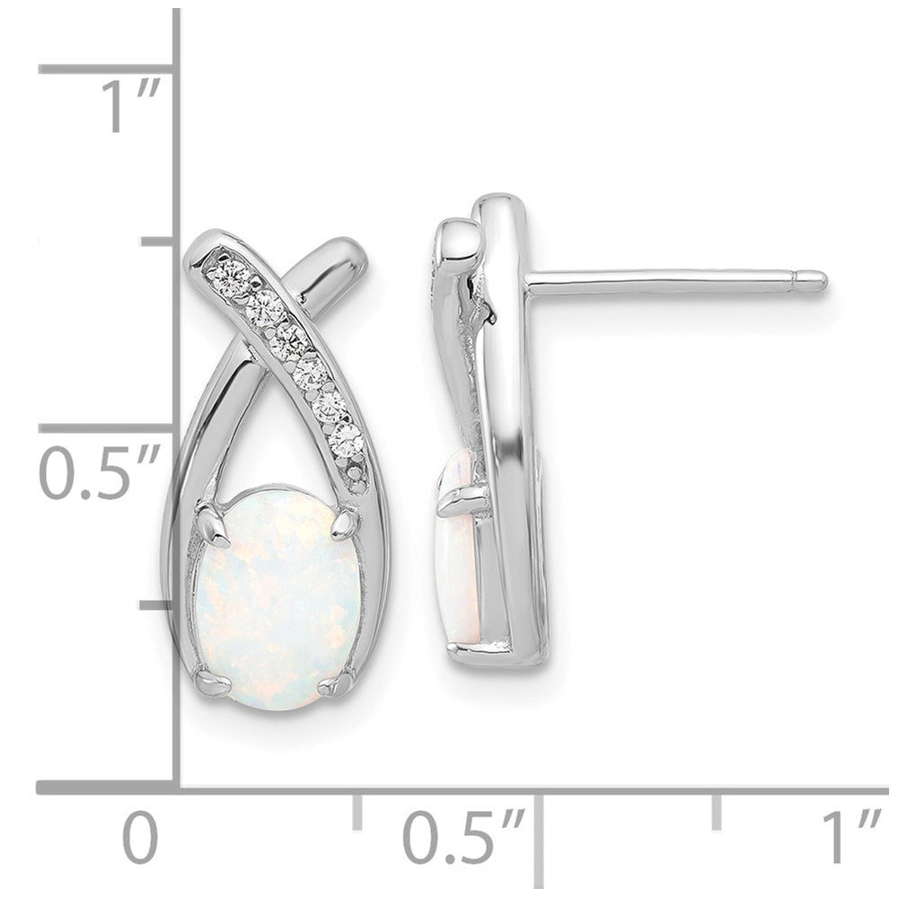 Sterling Silver Rhodium-Plated Polished CZ & Created Opal 'x' Post Earrings