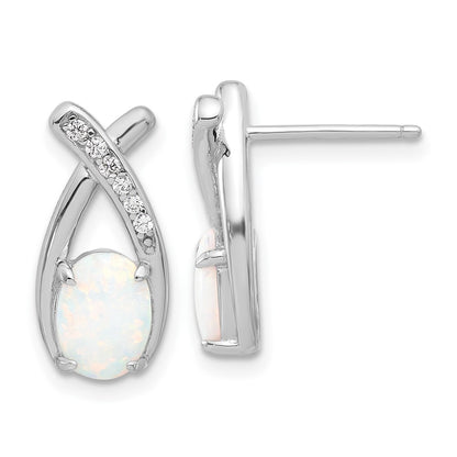 Sterling Silver Rhodium-Plated Polished CZ & Created Opal 'x' Post Earrings