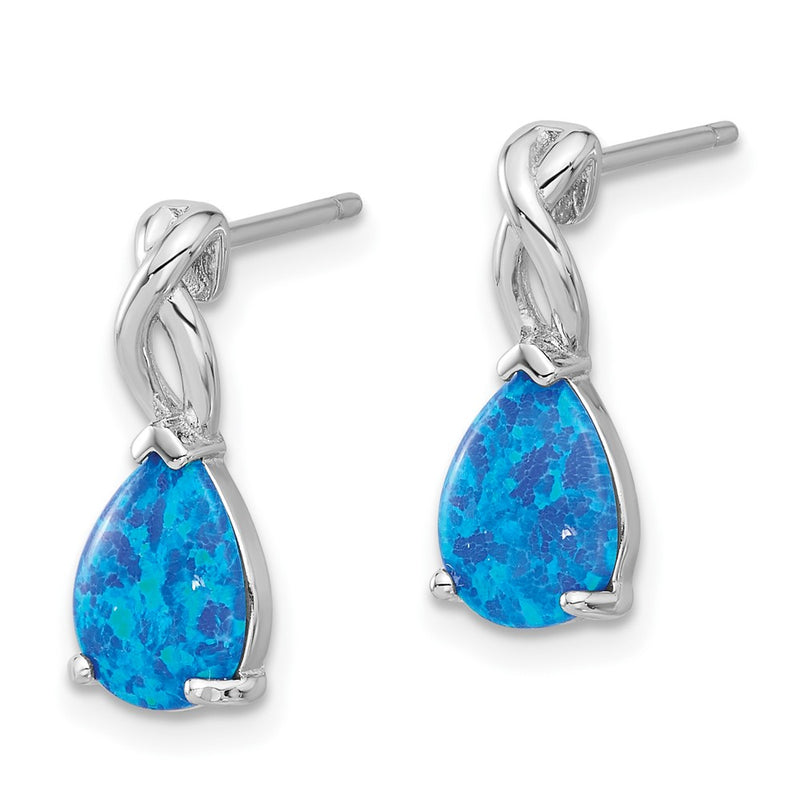 Sterling Silver Rhodium Plated Polished Blue Created Opal Teardrop Post Earrings