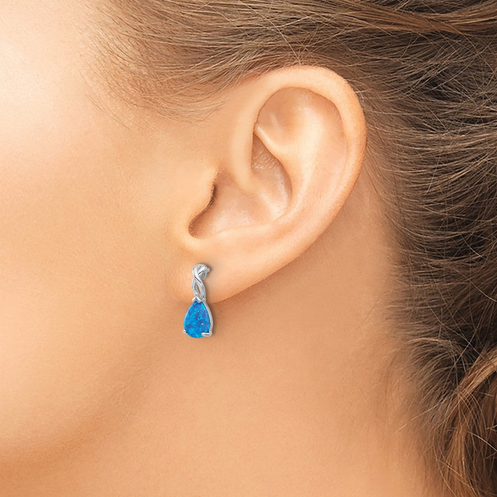 Sterling Silver Rhodium Plated Polished Blue Created Opal Teardrop Post Earrings