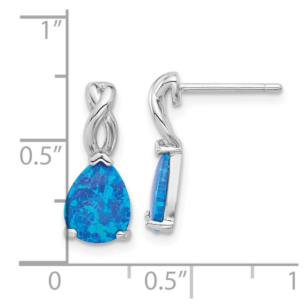 Sterling Silver Rhodium Plated Polished Blue Created Opal Teardrop Post Earrings