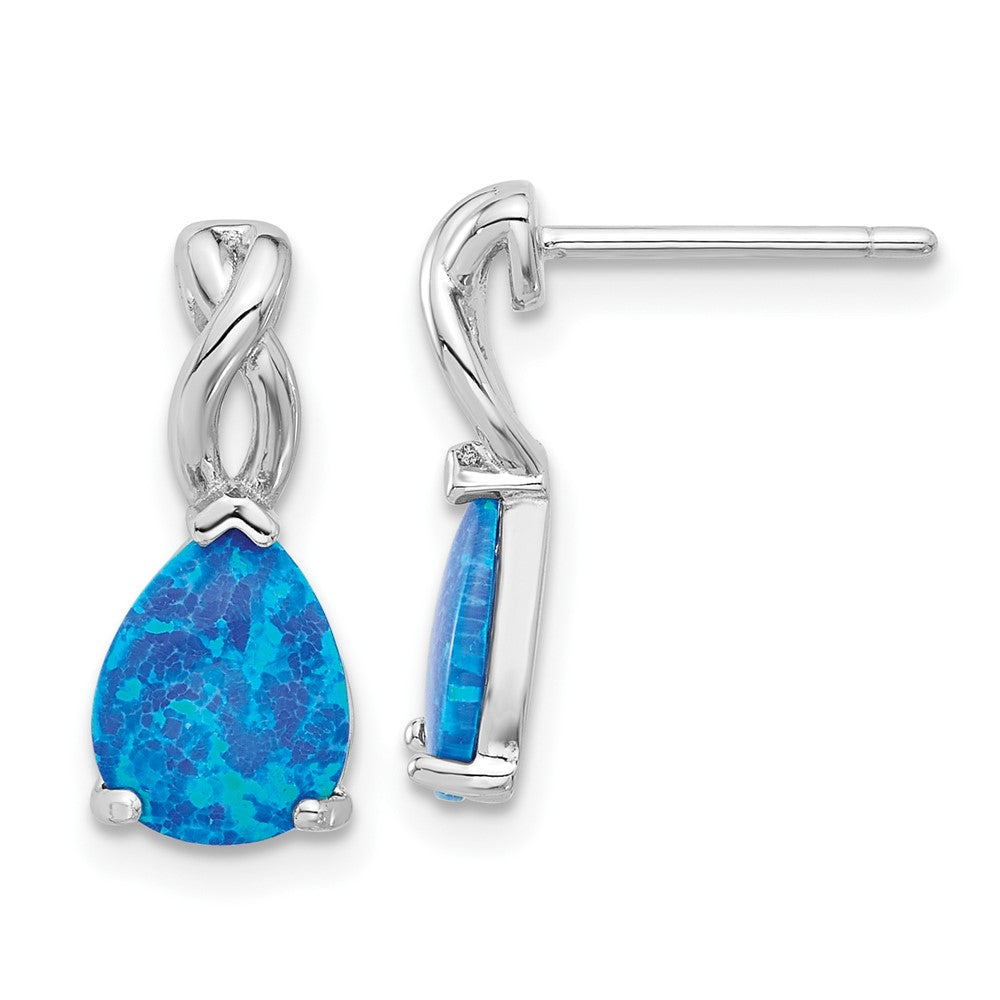 Sterling Silver Rhodium Plated Polished Blue Created Opal Teardrop Post Earrings