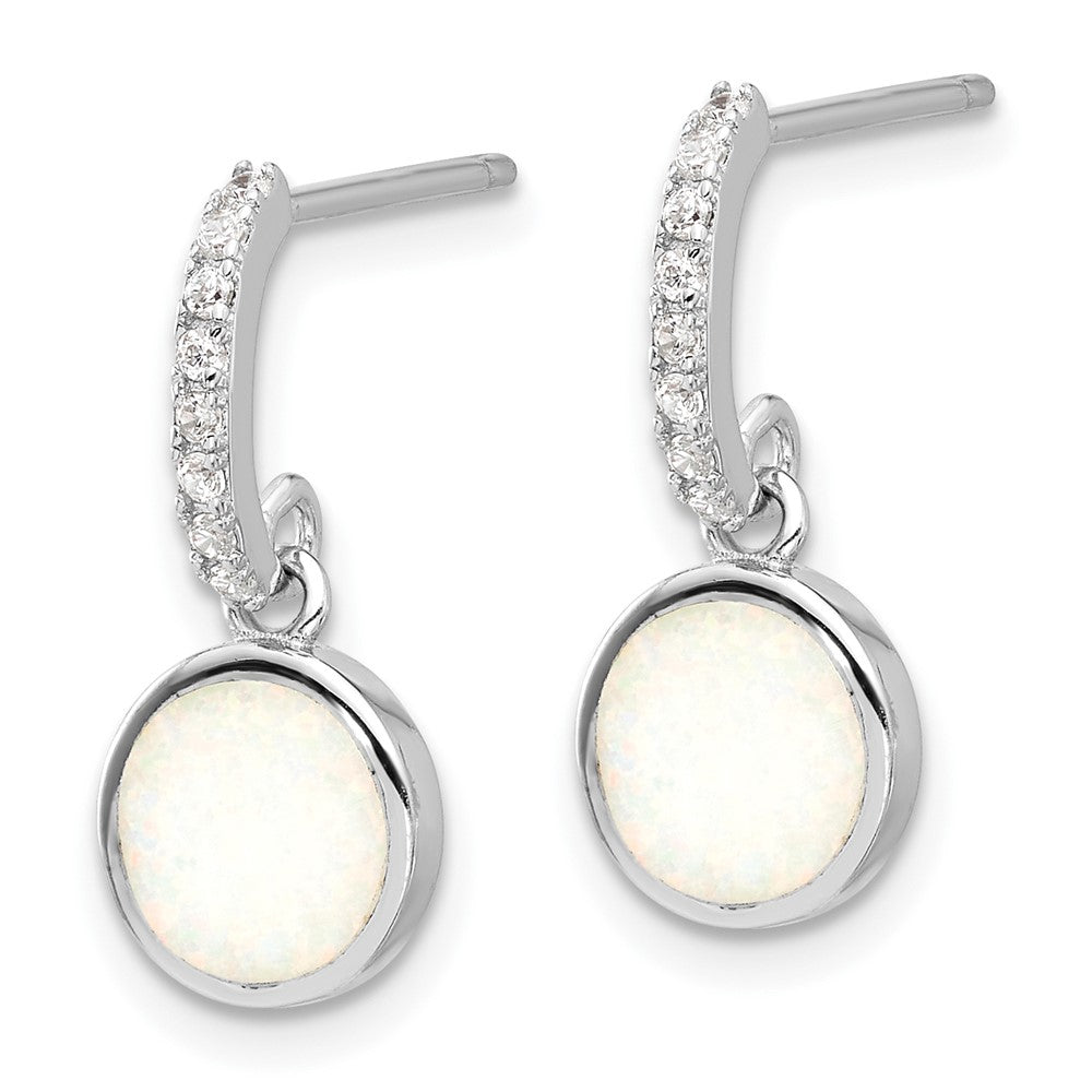 Sterling Silver Rhodium Plated Polished CZ & Created Opal Post Dangle Earrings
