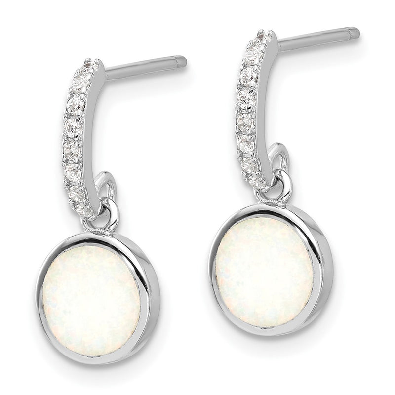 Sterling Silver Rhodium Plated Polished CZ & Created Opal Post Dangle Earrings