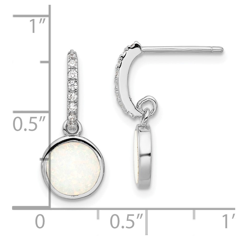 Sterling Silver Rhodium Plated Polished CZ & Created Opal Post Dangle Earrings