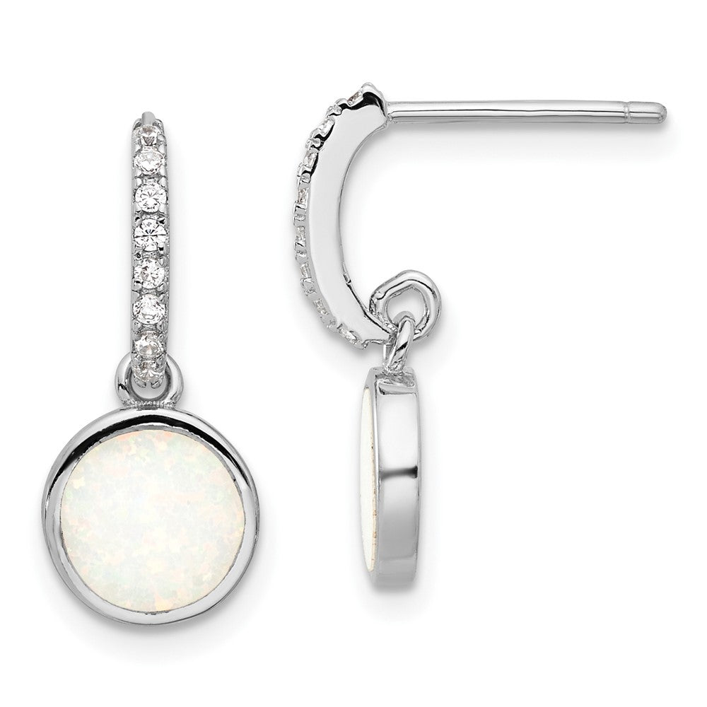 Sterling Silver Rhodium Plated Polished CZ & Created Opal Post Dangle Earrings