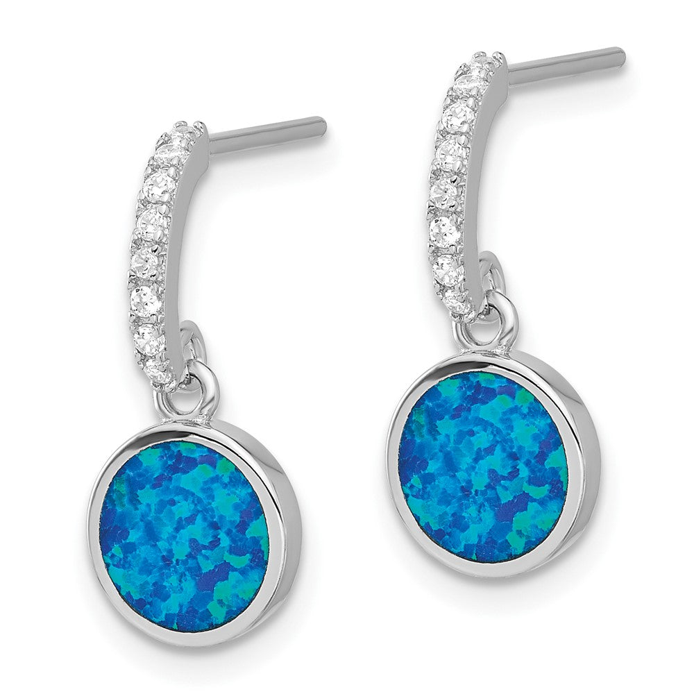 Sterling Silver Rhodium Plated Polished CZ & Blue Cr. Opal Post Dangle Earrings