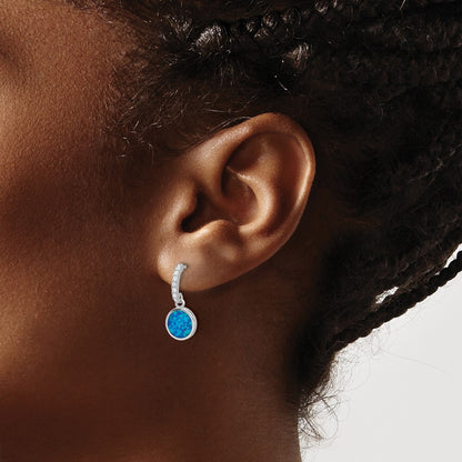 Sterling Silver Rhodium Plated Polished CZ & Blue Cr. Opal Post Dangle Earrings