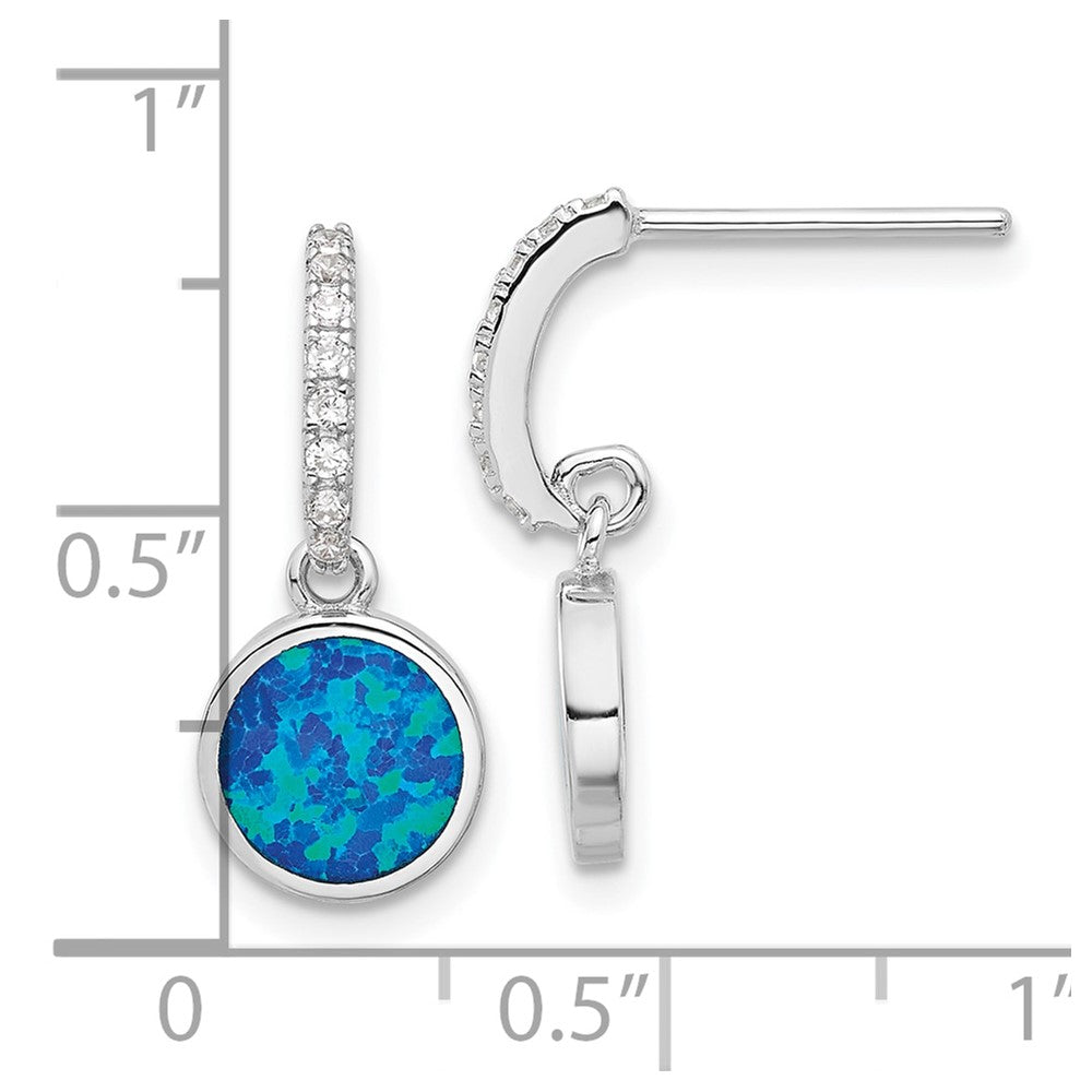 Sterling Silver Rhodium Plated Polished CZ & Blue Cr. Opal Post Dangle Earrings