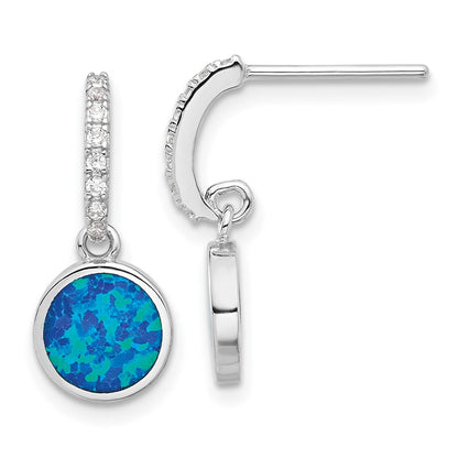 Sterling Silver Rhodium Plated Polished CZ & Blue Cr. Opal Post Dangle Earrings