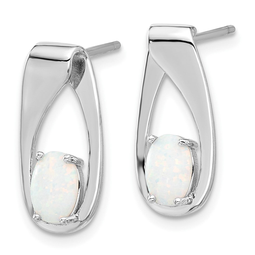Sterling Silver Rhodium-Plated Polished Created Opal Oval Post Earrings