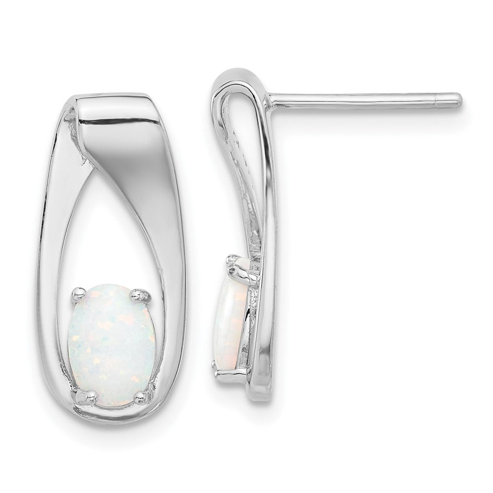 Sterling Silver Rhodium-Plated Polished Created Opal Oval Post Earrings