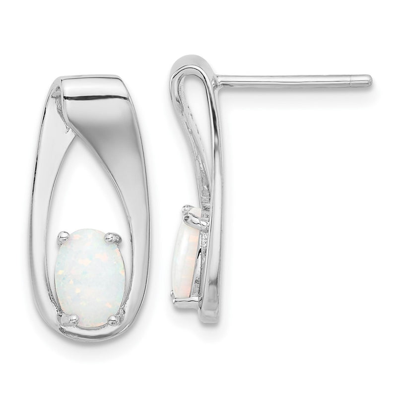 Sterling Silver Rhodium-Plated Polished Created Opal Oval Post Earrings